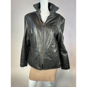 Nine West Y2K Vintage Zip Front Fitted Leather Jacket Size Large Black